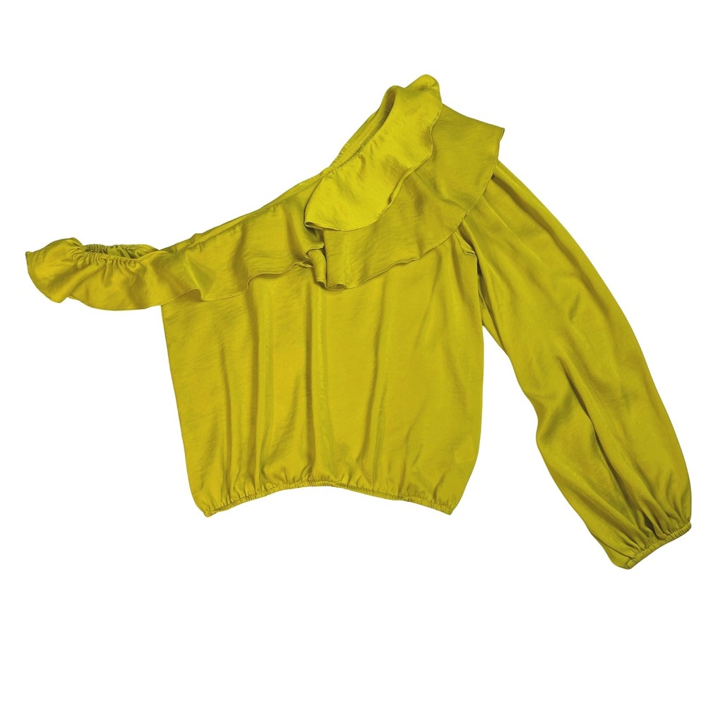 Glam One Shoulder Ruffle Blouse Shirt Top Yellow Green M Polyester